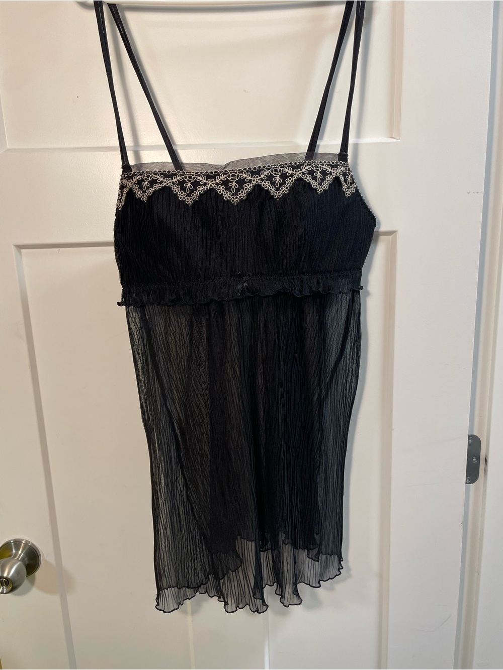 Vintage Babydoll Black Sheer Spaghetti Strap Slip with Lace Trim